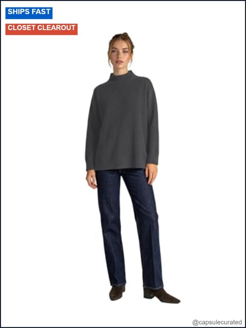 100% Cashmere Mockneck Tunic Long Sleeve Pull On Sweater